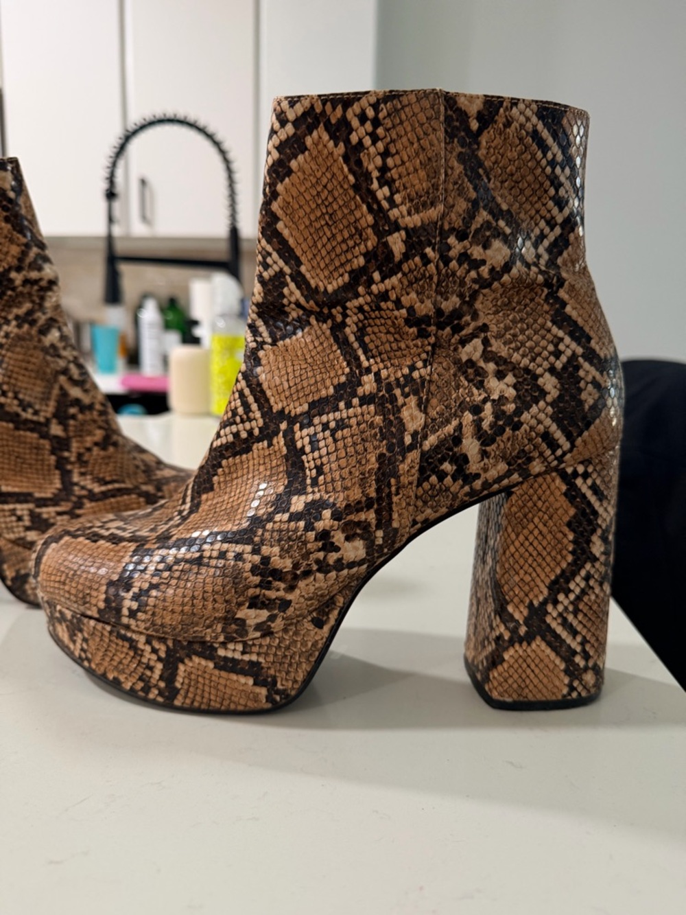 Steve Madden Tan and Black Snake-Print Block Heel Booties